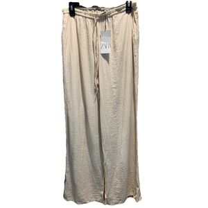 NEW‎ Zara Beige Crinkled Textured Wide Leg High Waist Trousers Lounge Pants Sz M